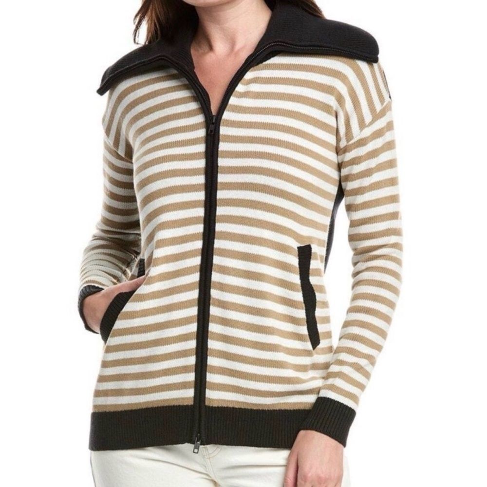 CAbi Womens Sweater Mascot Cardigan Tan White Black Zip Up Striped S